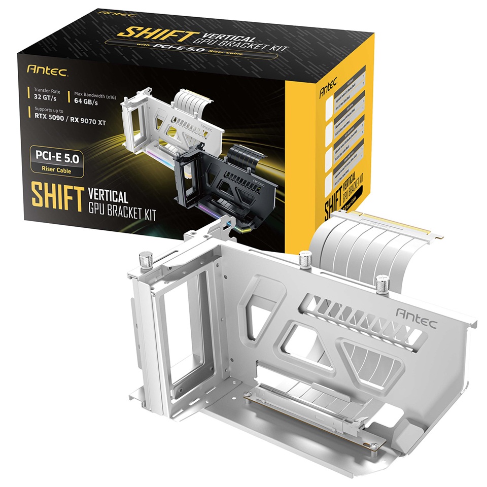 Antec AT-ARCVB-W190-A-PCIE5 White ARGB PCIe 5.0 x16 Vertical GPU Riser Cable 190mm - Fits 3-Slot GPUs up to 337mm, 1-Year Warranty