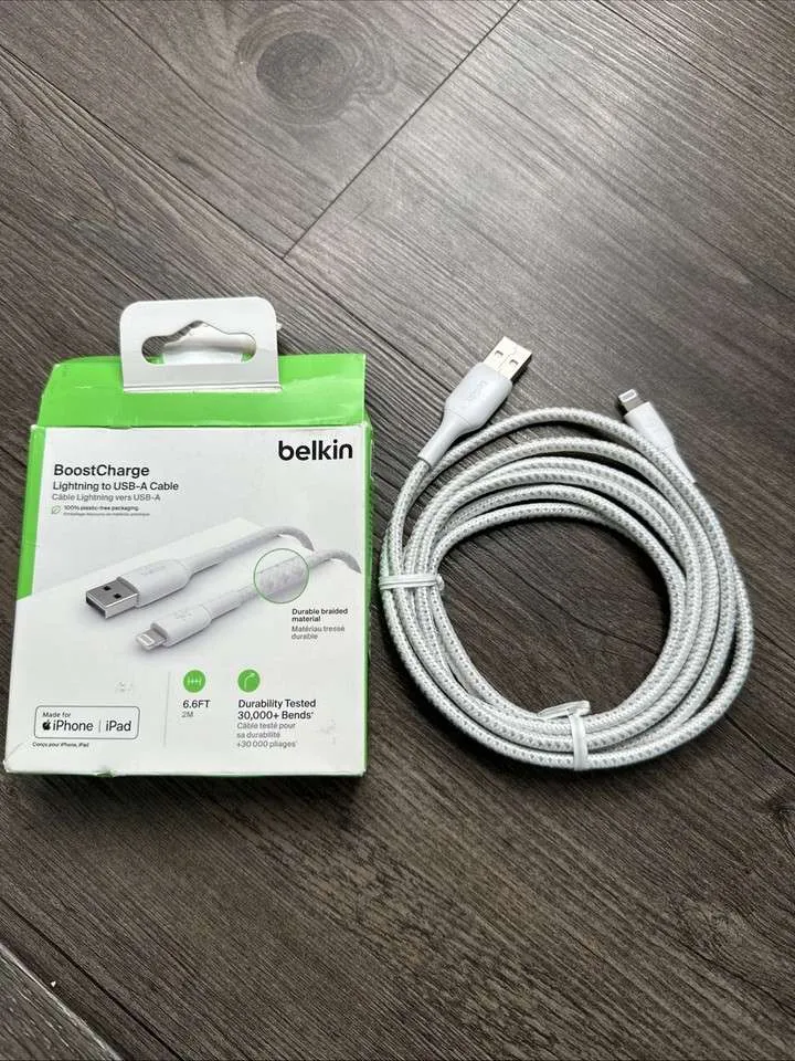 Belkin BoostCharge 2M White Lightning to USB-A Cable - MFi Certified, 2.4A Charging, 480Mbps Data Transfer, Durable 25K+ Bends, Apple iPhone & iPad Compatible