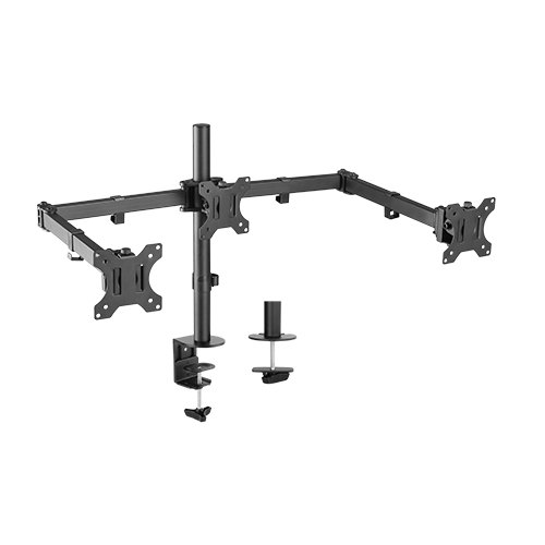 Brateck Triple Monitor Arm LDT12-C034N - Double Joint Articulating Steel Stand for 13"-27" Screens up to 7kg with Cable Management & Dual Mount