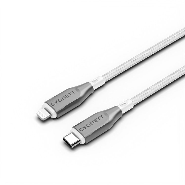 Cygnett Armoured Lightning to USB-C Cable (1M) – 30W Fast Charge, Braided Nylon, 480Mbps Transfer, MFi Certified, White, 5-Year Warranty