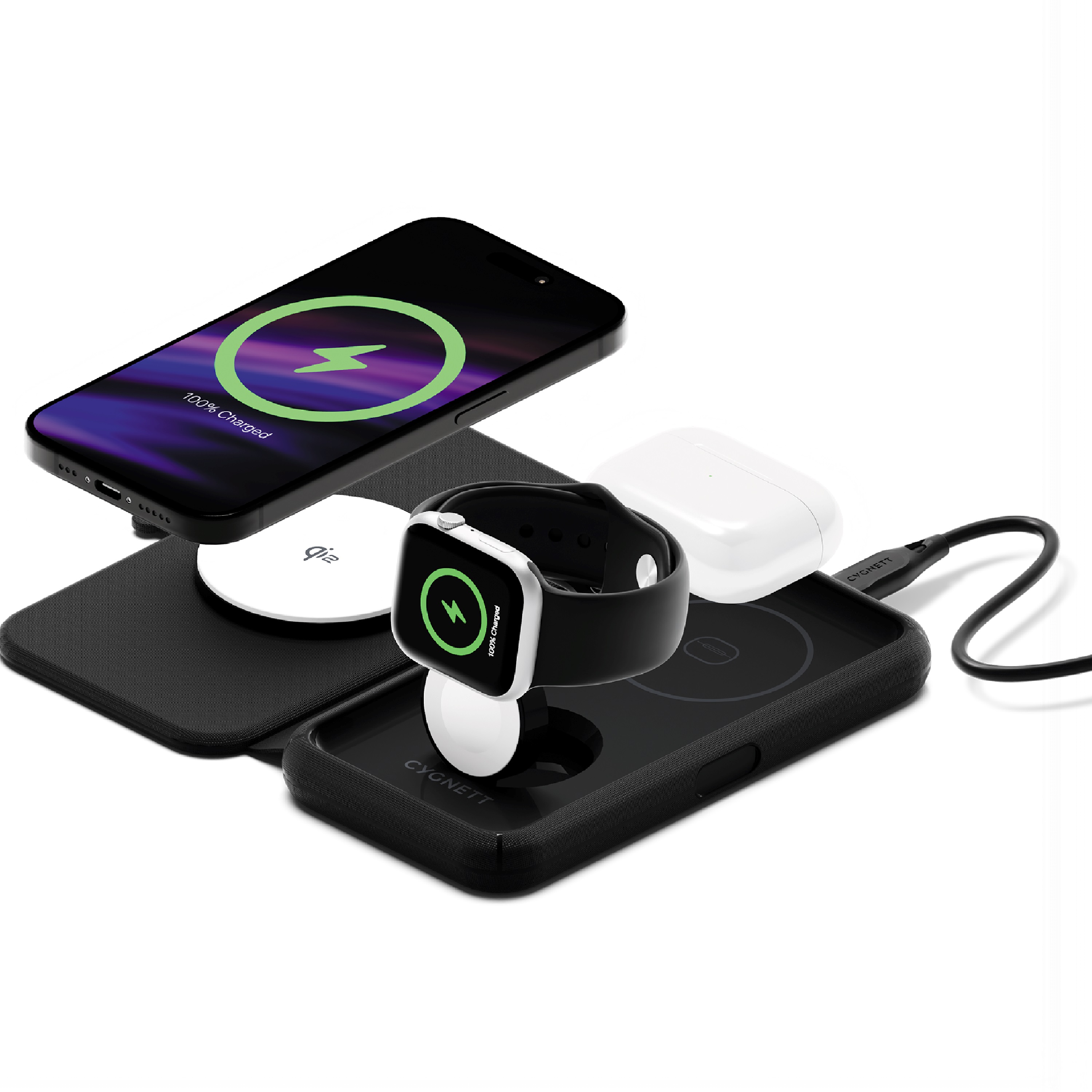 Cygnett MagTravel Qi2.0 2-in-1 Wireless Charger - 15W Fast Charging for iPhone & Apple Watch, Portable Foldable Design, USB-C Cable Included