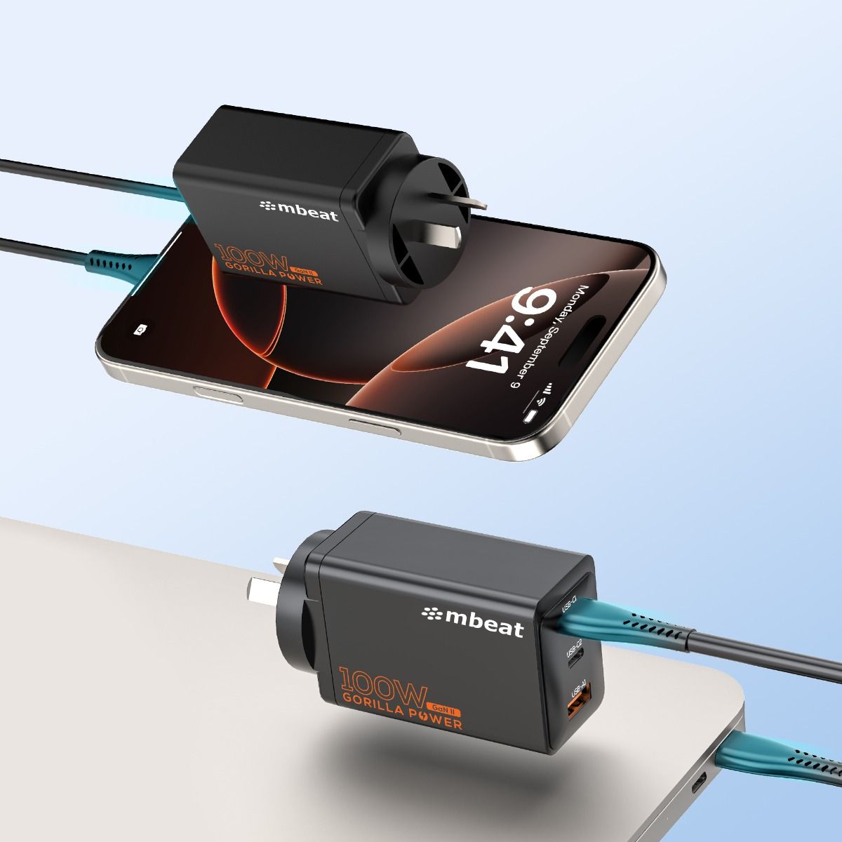 mbeat Gorilla Power PD 100W GaN II USB-C Charger – Compact 3-Port Fast Charger for Laptops, Smartphones & Tablets