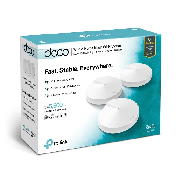 TP-Link Deco M5 (3-Pack) AC1300 Whole Home Mesh Wi-Fi System with Built-In Antivirus, QoS, Covers 510 sqm, 2x Gbit Ports, USB-C, Bluetooth, HomeCare