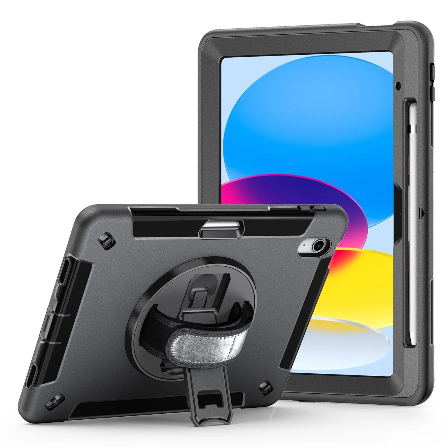 USP Rugged Protective Case for Apple iPad 10th Gen 10.9" & 11th Gen 11.0" - Multi-Angle Kickstand, Adjustable Hand Strap, Drop Proof Black